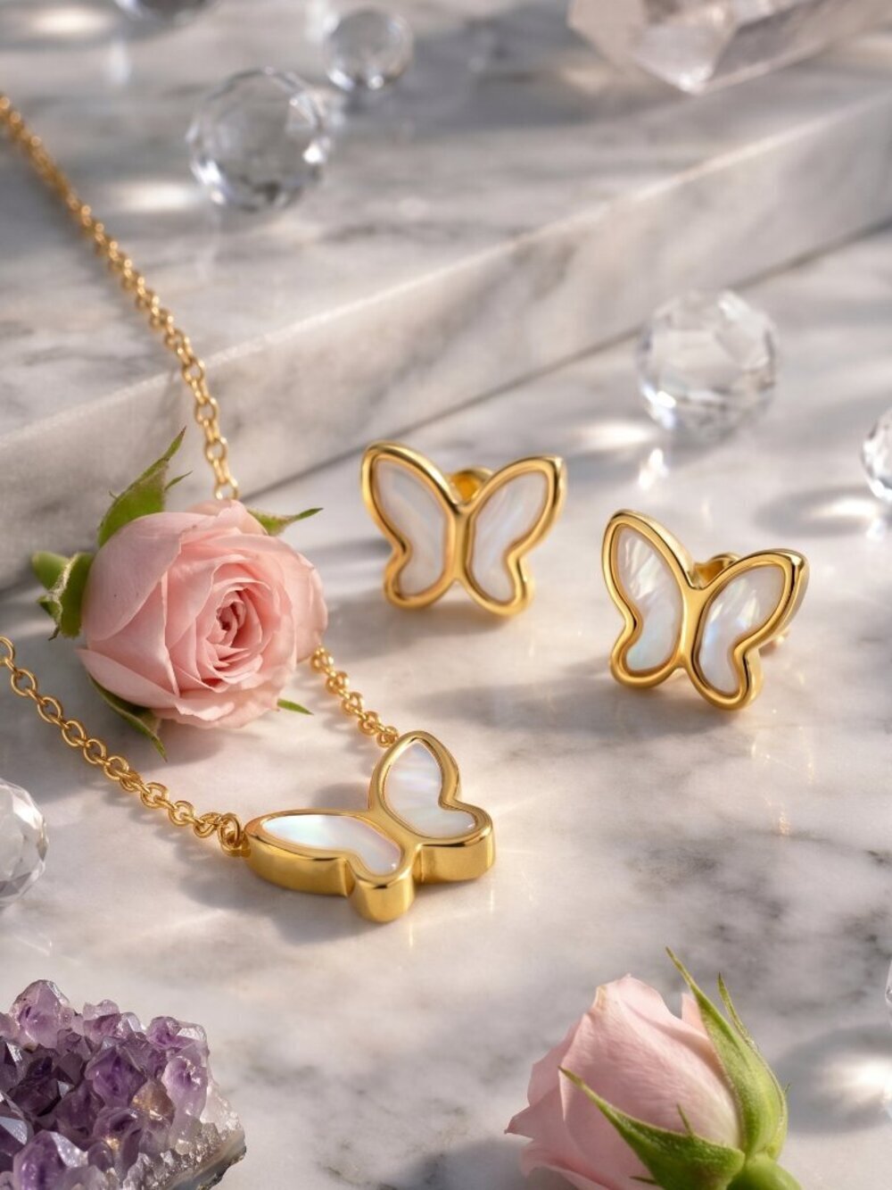 18k Gold Plated MOP Butterfly Necklace and Stud Earring Set White Gold 16"